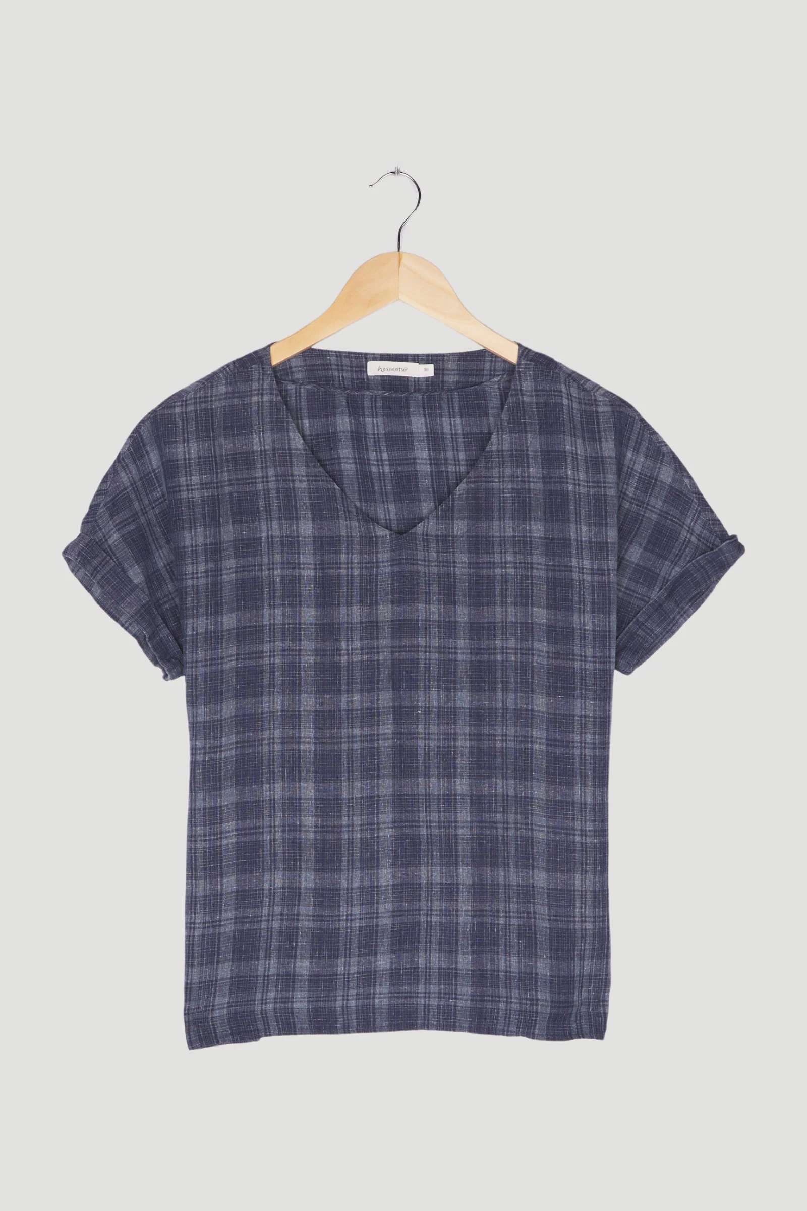 Secondhand Karo-Bluse aus Leinen mit Baumwolle