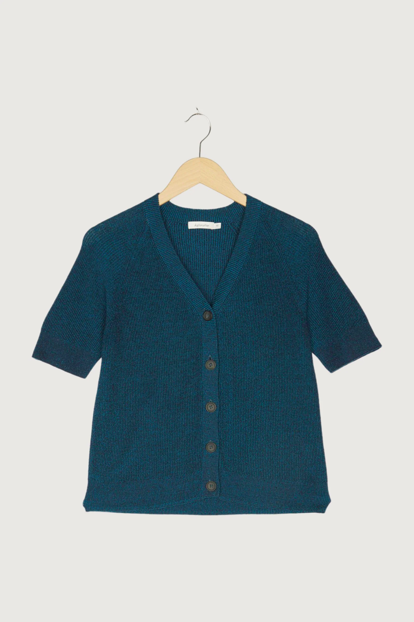 Secondhand Kurzarm-Strickjacke aus Bio-Baumwolle und Leinen